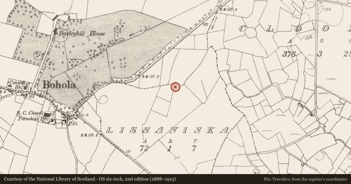 Ordnance Survey six-inch map, 2nd edition (1888–1915) covering the location of Enclosure, Lissaniska, County Mayo, with a pin at the register's coordinates