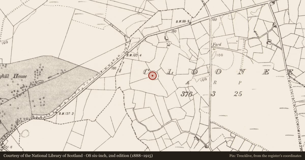 Ordnance Survey six-inch map, 2nd edition (1888–1915) covering the location of Ringfort - rath, Clooneen, County Mayo, with a pin at the register's coordinates