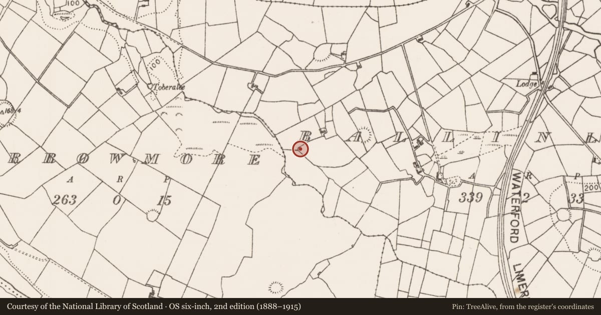 Ordnance Survey six-inch map, 2nd edition (1888–1915) covering the location of Ringfort - rath, Ballinlag, County Mayo, with a pin at the register's coordinates