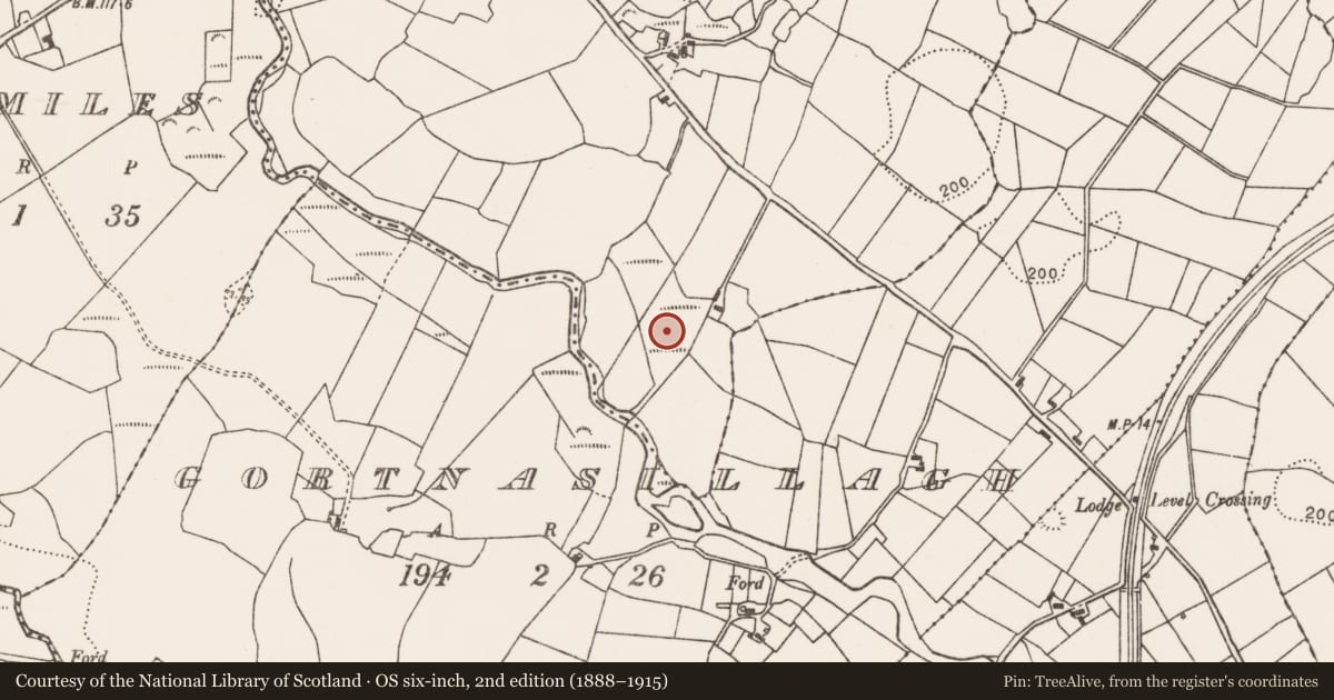 Ordnance Survey six-inch map, 2nd edition (1888–1915) covering the location of Barrow - ring-barrow, Collagh, County Mayo, with a pin at the register's coordinates
