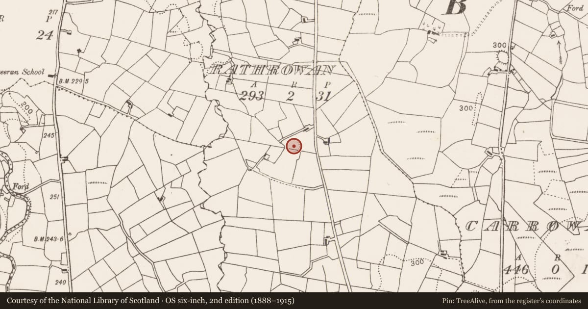 Ordnance Survey six-inch map, 2nd edition (1888–1915) covering the location of Ringfort - rath, Rathrowan, County Mayo, with a pin at the register's coordinates