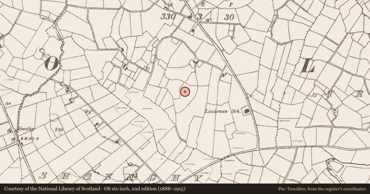 Ordnance Survey six-inch map, 2nd edition (1888–1915) covering the location of Enclosure, Lismiraun, County Mayo, with a pin at the register's coordinates