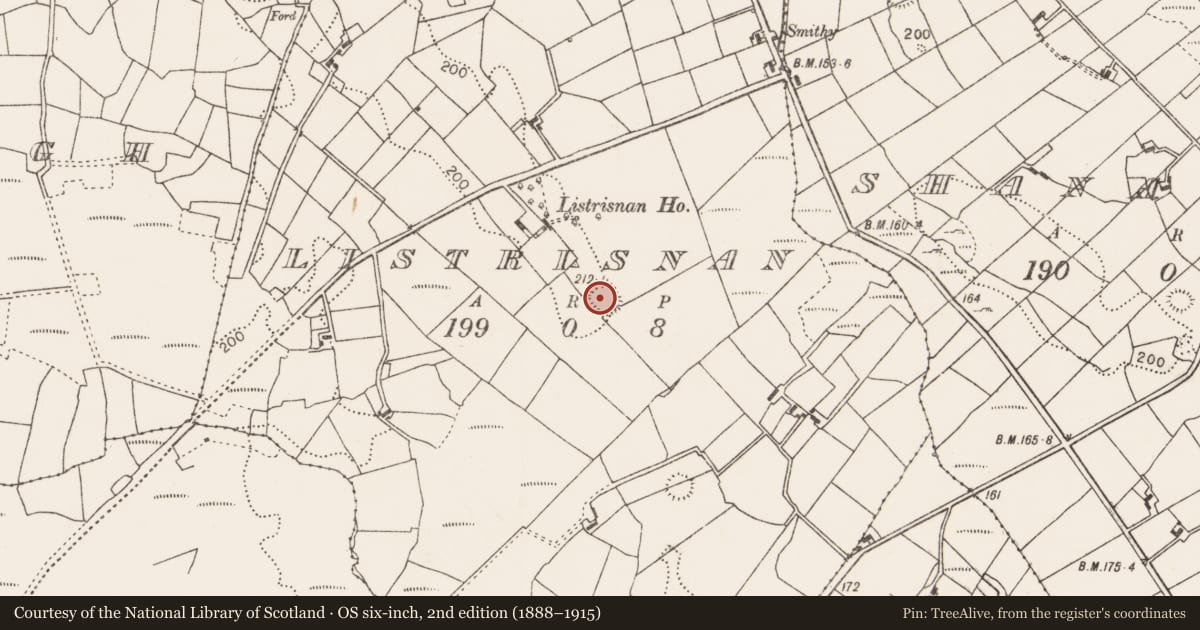Ordnance Survey six-inch map, 2nd edition (1888–1915) covering the location of Ringfort - rath, Listrisnan, County Mayo, with a pin at the register's coordinates