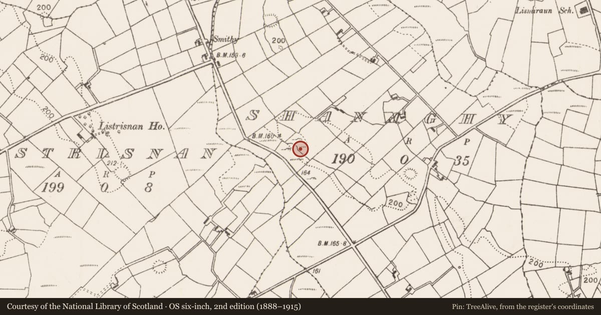 Ordnance Survey six-inch map, 2nd edition (1888–1915) covering the location of Enclosure, Shanaghy, County Mayo, with a pin at the register's coordinates