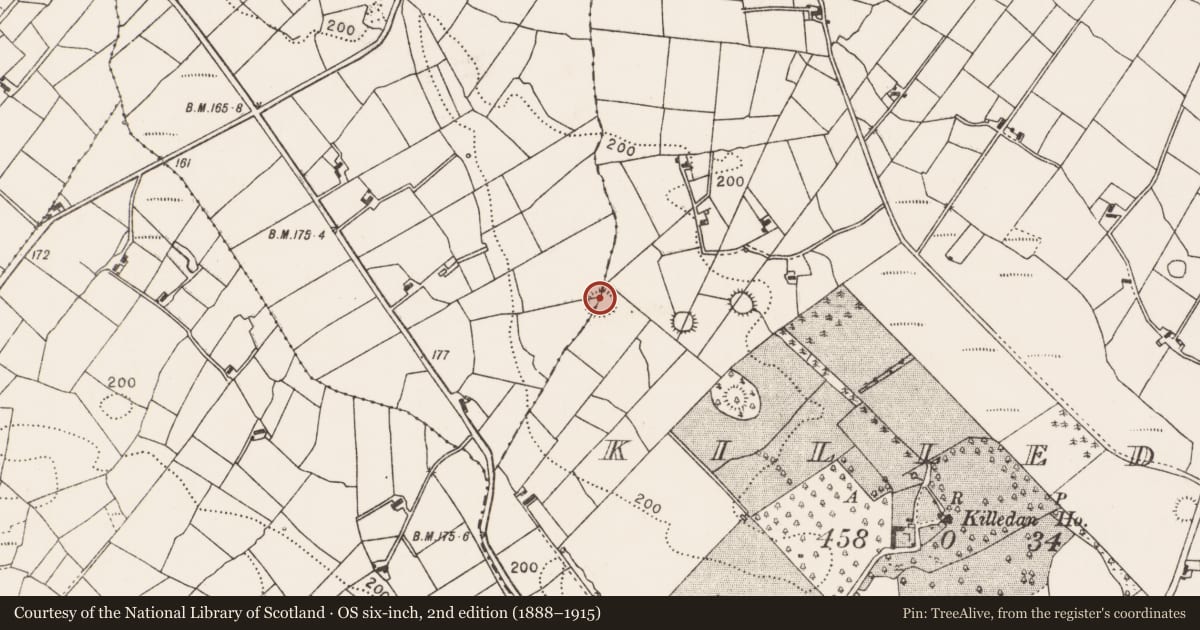 Ordnance Survey six-inch map, 2nd edition (1888–1915) covering the location of Ringfort - rath, Killedan, Shanaghy, County Mayo, with a pin at the register's coordinates