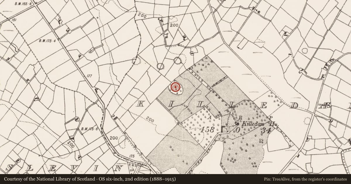 Ordnance Survey six-inch map, 2nd edition (1888–1915) covering the location of Ringfort - rath, Killedan, County Mayo, with a pin at the register's coordinates