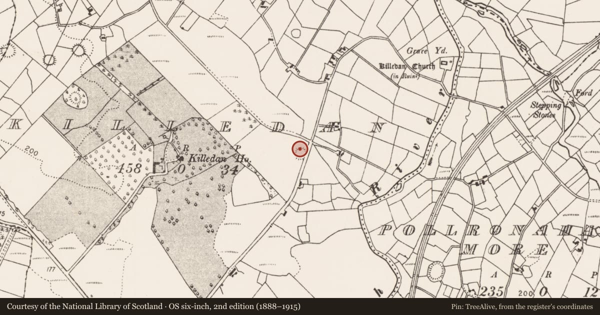 Ordnance Survey six-inch map, 2nd edition (1888–1915) covering the location of Enclosure, Killedan, County Mayo, with a pin at the register's coordinates