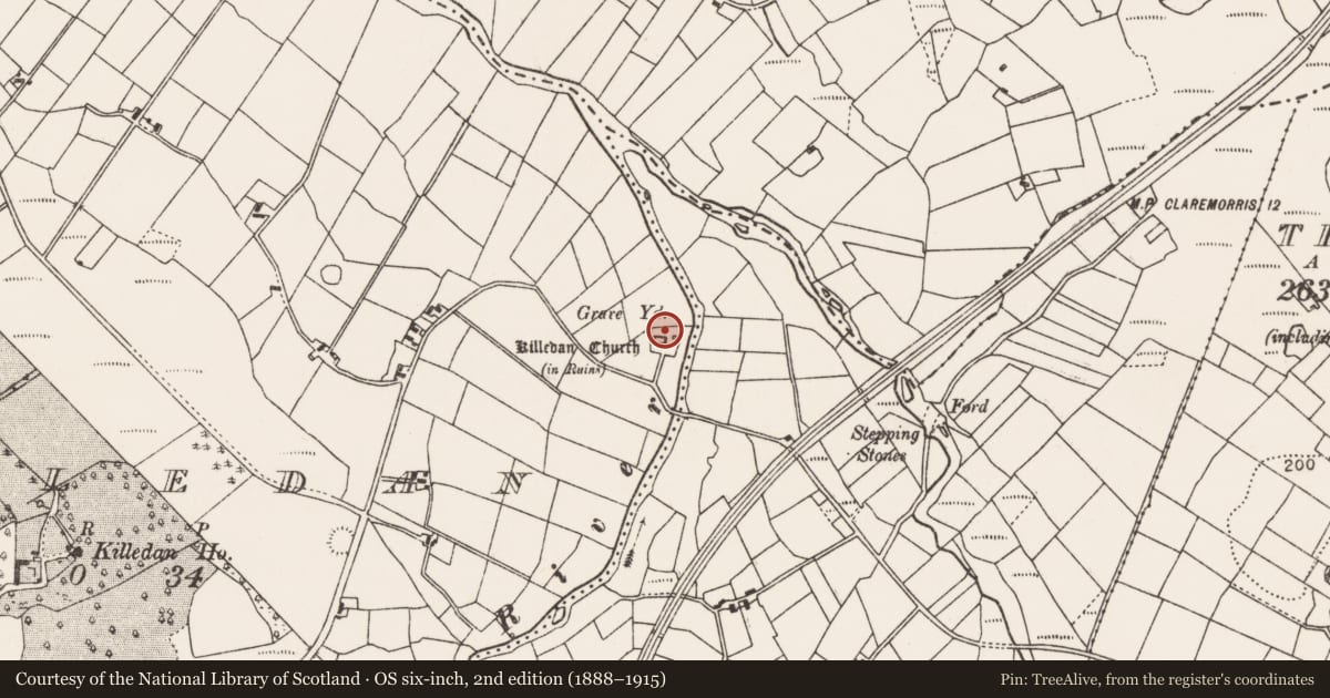 Ordnance Survey six-inch map, 2nd edition (1888–1915) covering the location of Religious house - unclassified, Killedan, County Mayo, with a pin at the register's coordinates