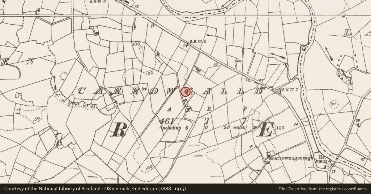 Ordnance Survey six-inch map, 2nd edition (1888–1915) covering the location of Enclosure, Carrowgallda, County Mayo, with a pin at the register's coordinates