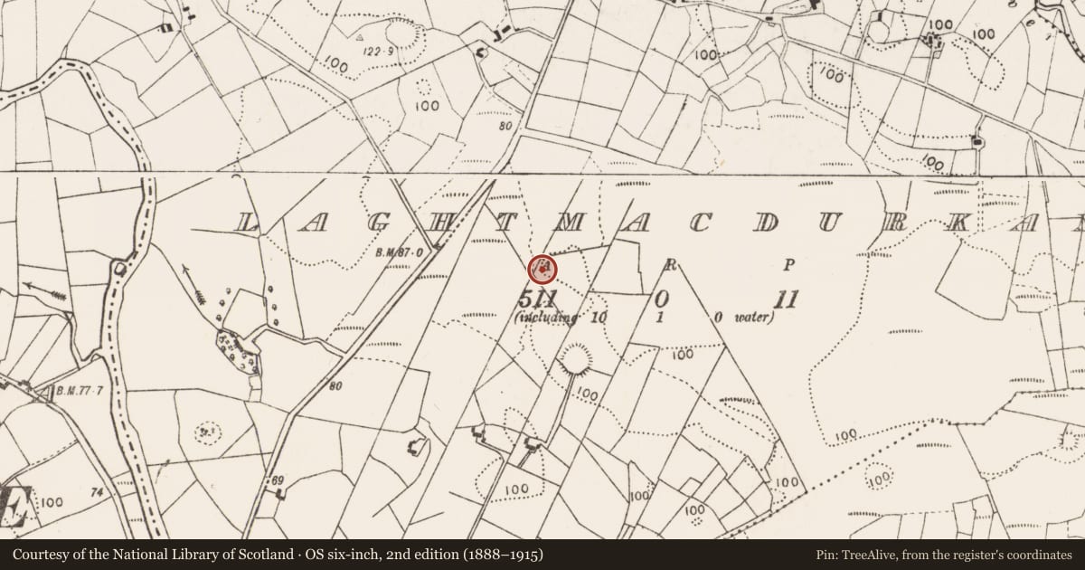 Ordnance Survey six-inch map, 2nd edition (1888–1915) covering the location of Enclosure, Laghtmacdurkan, County Mayo, with a pin at the register's coordinates