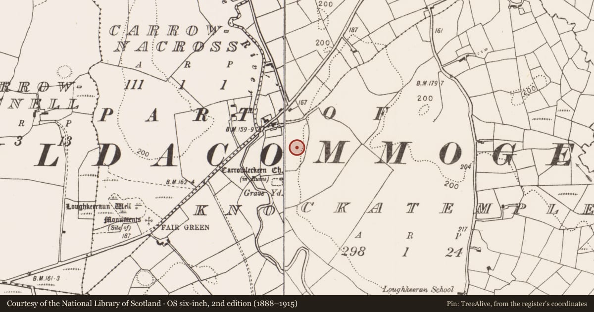 Ordnance Survey six-inch map, 2nd edition (1888–1915) covering the location of Enclosure, Knockatemple, County Mayo, with a pin at the register's coordinates