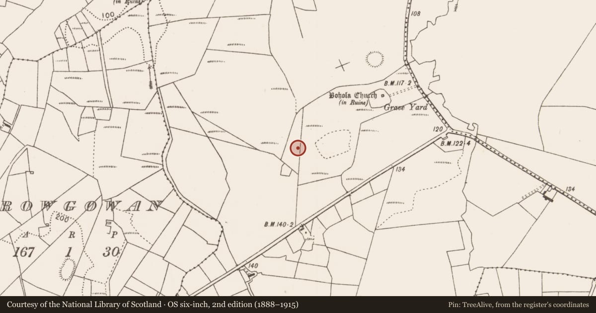 Ordnance Survey six-inch map, 2nd edition (1888–1915) covering the location of Road - road/trackway, Bohola, County Mayo, with a pin at the register's coordinates