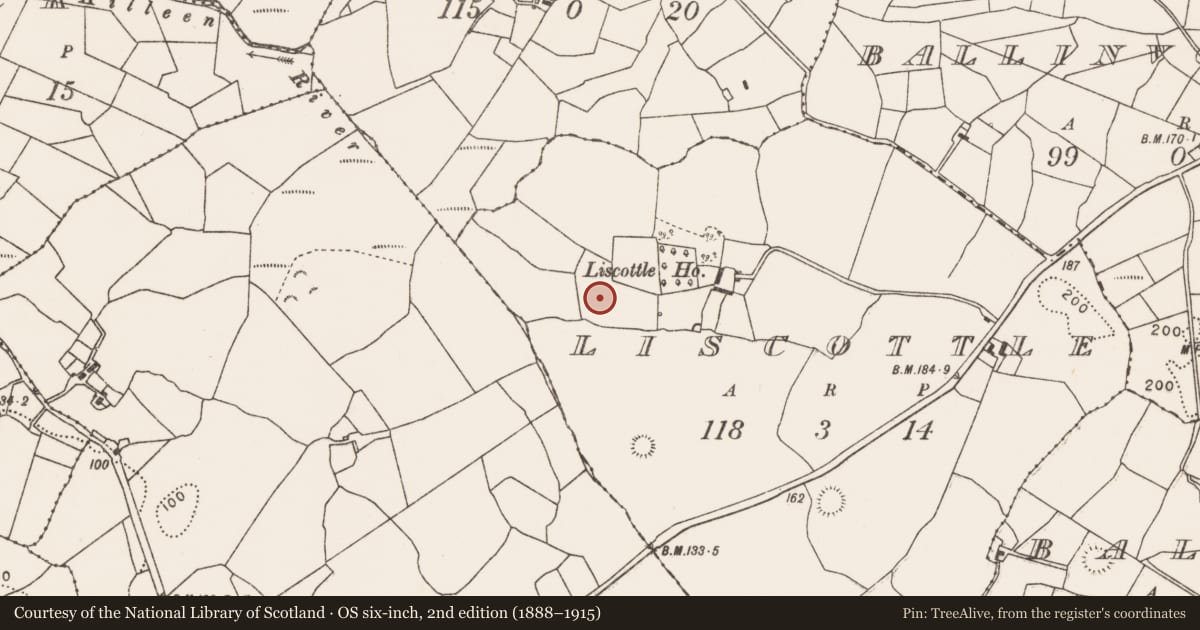 Ordnance Survey six-inch map, 2nd edition (1888–1915) covering the location of Fulacht fia, Liscottle, County Mayo, with a pin at the register's coordinates
