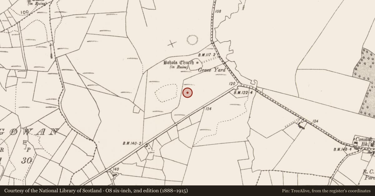 Ordnance Survey six-inch map, 2nd edition (1888–1915) covering the location of Enclosure, Bohola, County Mayo, with a pin at the register's coordinates