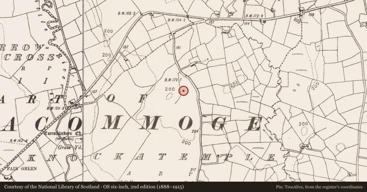 Ordnance Survey six-inch map, 2nd edition (1888–1915) covering the location of Fulacht fia, Knockatemple, County Mayo, with a pin at the register's coordinates