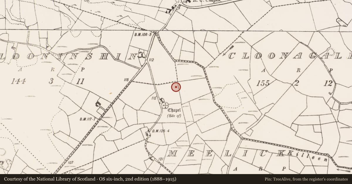 Ordnance Survey six-inch map, 2nd edition (1888–1915) covering the location of Fulacht fia, Meelick, County Mayo, with a pin at the register's coordinates