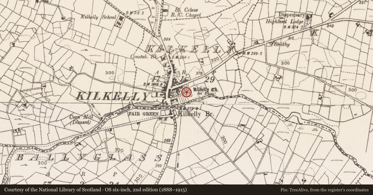 Ordnance Survey six-inch map, 2nd edition (1888–1915) covering the location of Church, Kilkelly, County Mayo, with a pin at the register's coordinates
