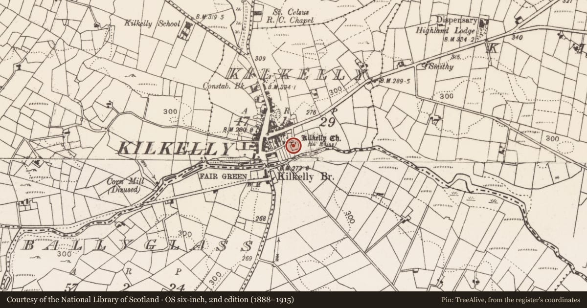Ordnance Survey six-inch map, 2nd edition (1888–1915) covering the location of Graveyard, Kilkelly, County Mayo, with a pin at the register's coordinates