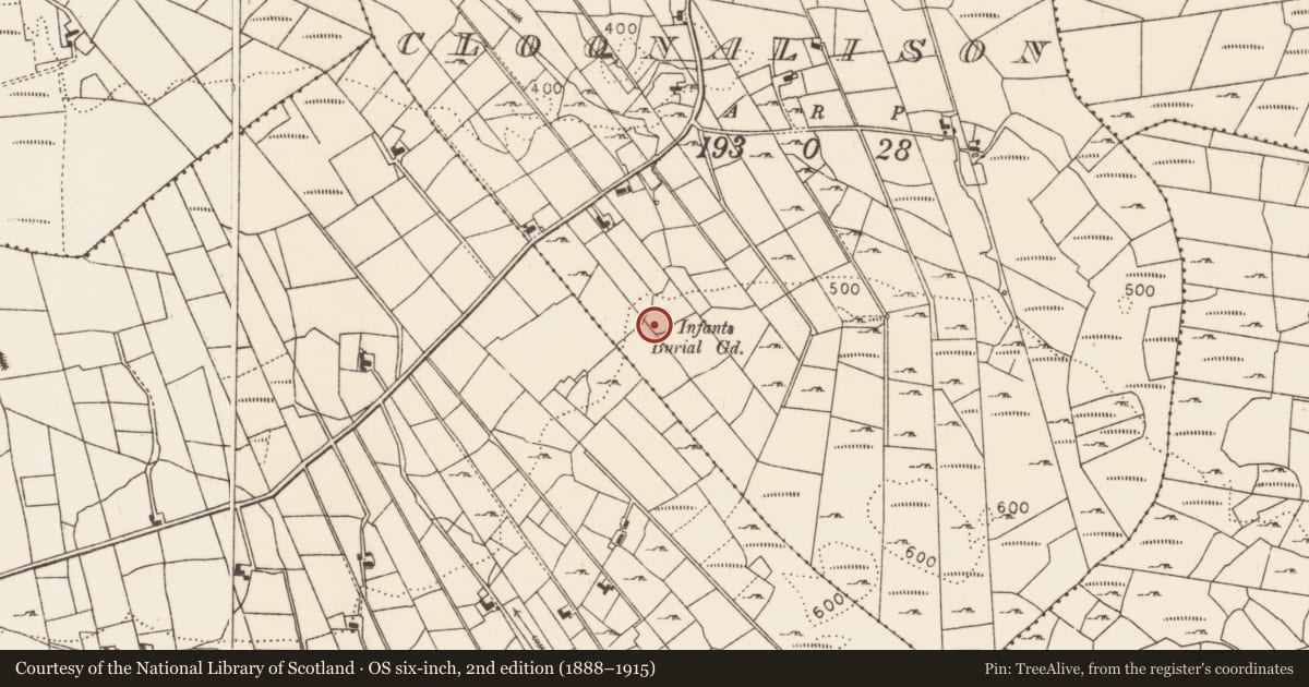 Ordnance Survey six-inch map, 2nd edition (1888–1915) covering the location of Ringfort - cashel, Cloonalison, County Mayo, with a pin at the register's coordinates
