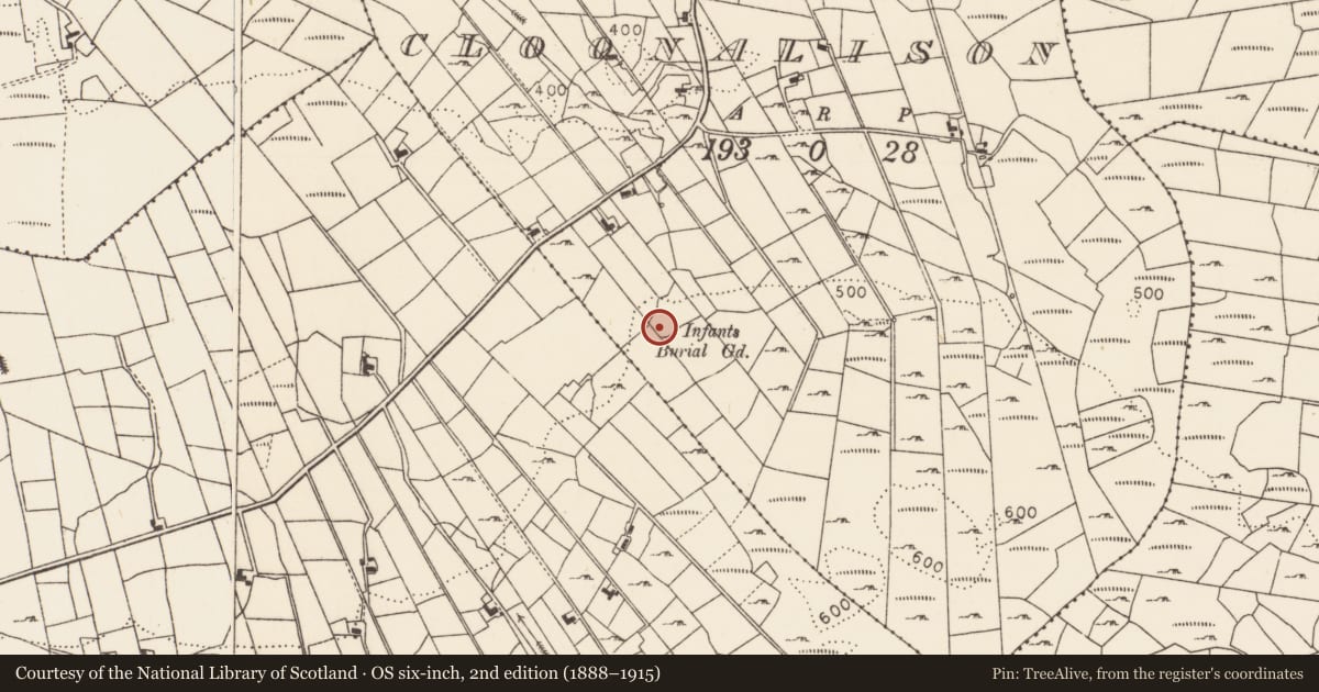 Ordnance Survey six-inch map, 2nd edition (1888–1915) covering the location of Children's burial ground, Cloonalison, County Mayo, with a pin at the register's coordinates