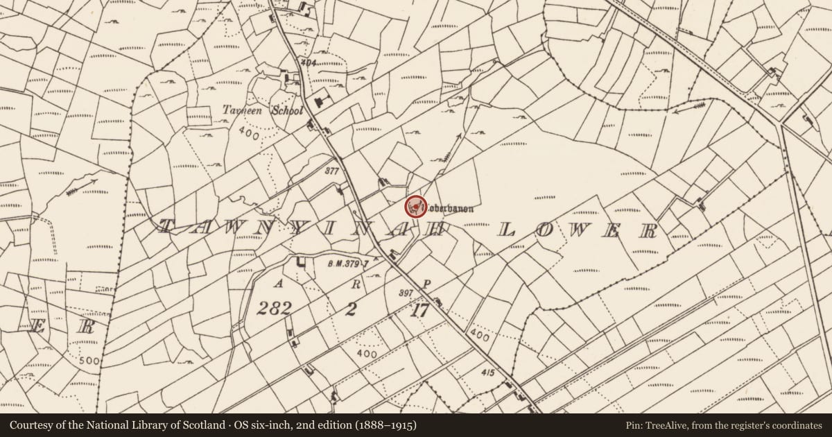 Ordnance Survey six-inch map, 2nd edition (1888–1915) covering the location of Ritual site - holy well, Tawnyinah Lower, County Mayo, with a pin at the register's coordinates