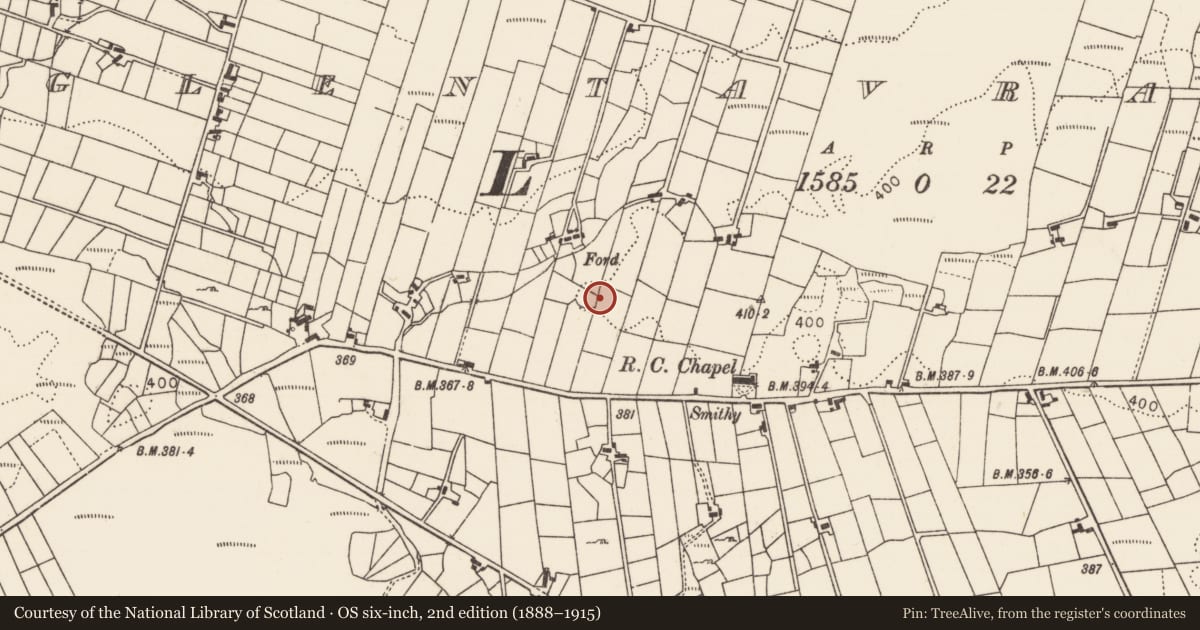 Ordnance Survey six-inch map, 2nd edition (1888–1915) covering the location of Ringfort - rath, Glentavraun, County Mayo, with a pin at the register's coordinates