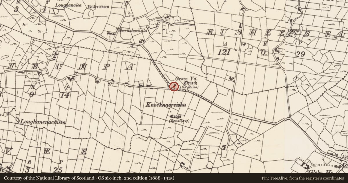 Ordnance Survey six-inch map, 2nd edition (1888–1915) covering the location of Church, Rusheens West, County Mayo, with a pin at the register's coordinates