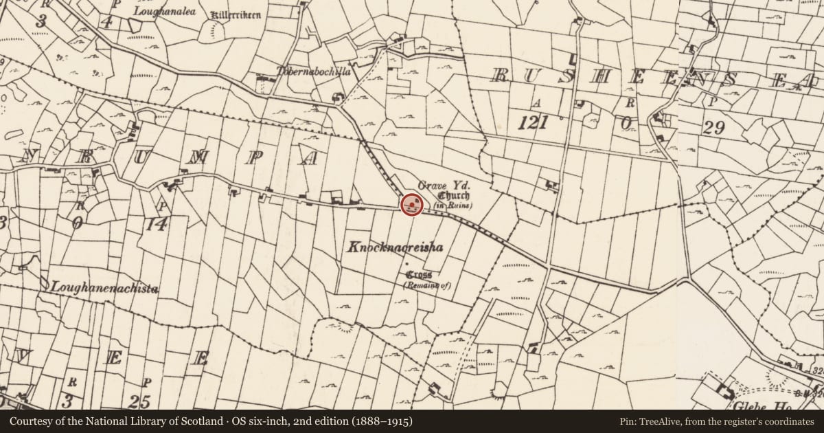 Ordnance Survey six-inch map, 2nd edition (1888–1915) covering the location of Graveyard, Rusheens West, County Mayo, with a pin at the register's coordinates