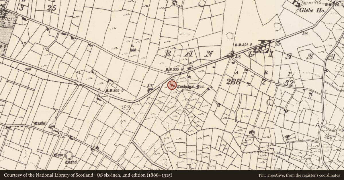 Ordnance Survey six-inch map, 2nd edition (1888–1915) covering the location of Ringfort - cashel, Ranagissaun, County Mayo, with a pin at the register's coordinates