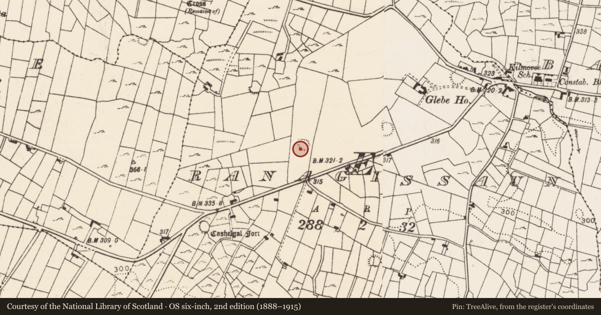 Ordnance Survey six-inch map, 2nd edition (1888–1915) covering the location of Ringfort - unclassified, Ranagissaun, County Mayo, with a pin at the register's coordinates