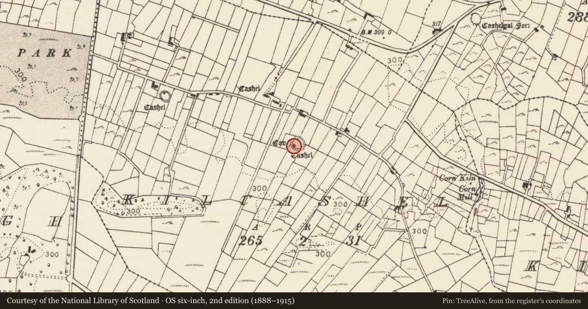 Ordnance Survey six-inch map, 2nd edition (1888–1915) covering the location of House - indeterminate date, Kilcashel, County Mayo, with a pin at the register's coordinates