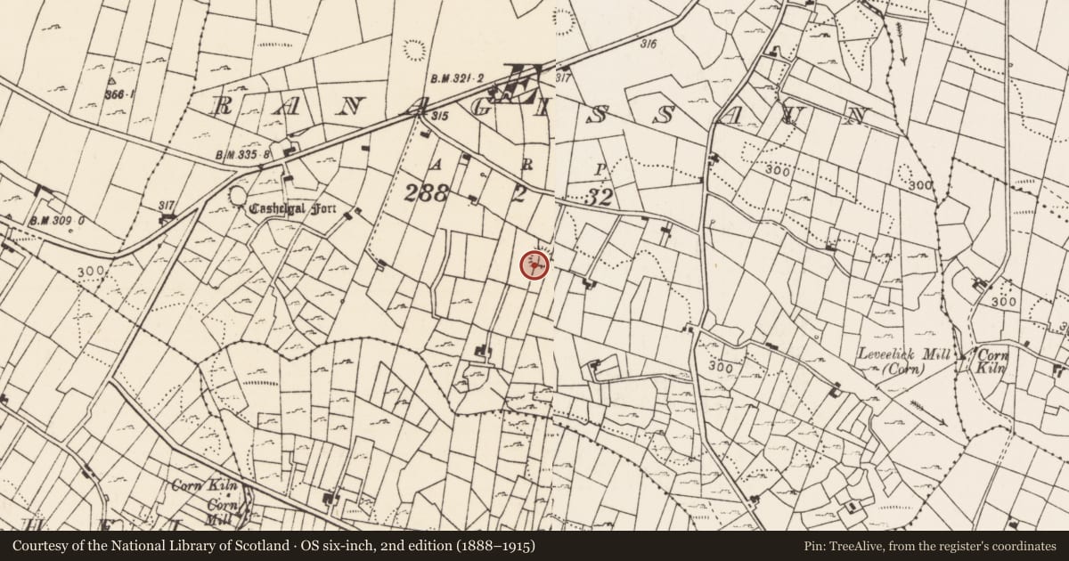 Ordnance Survey six-inch map, 2nd edition (1888–1915) covering the location of Ringfort - rath, Ranagissaun, County Mayo, with a pin at the register's coordinates