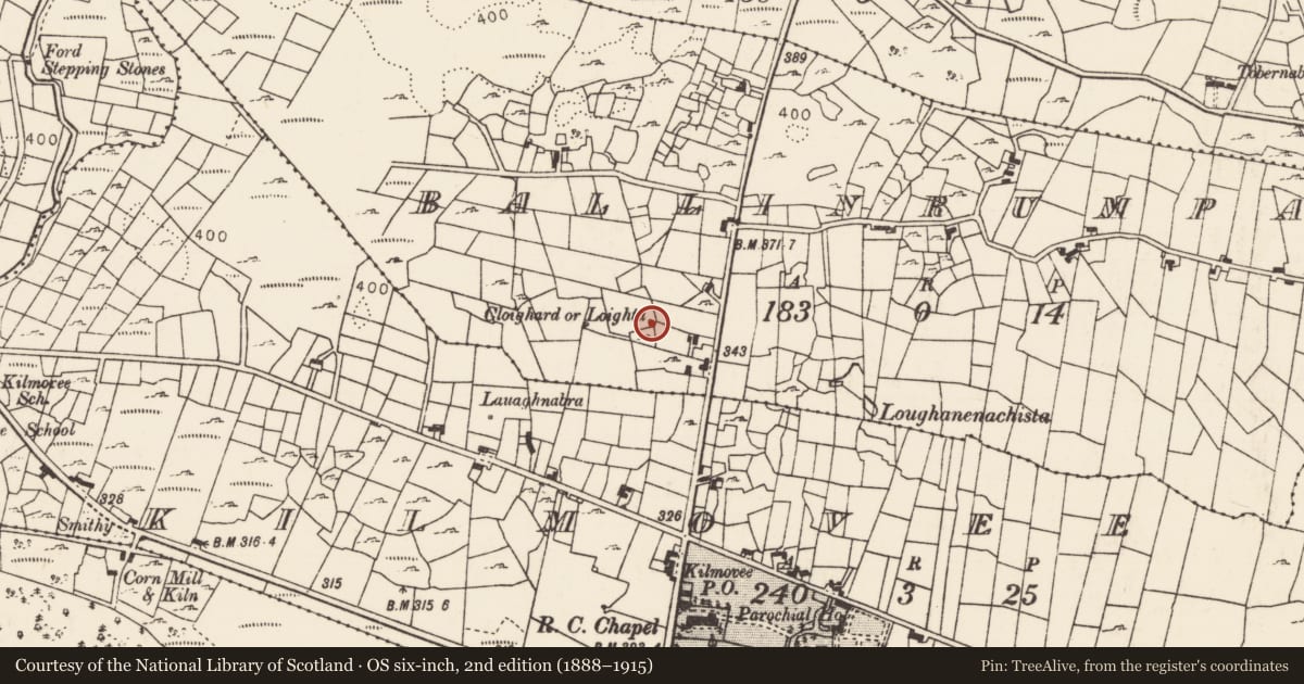 Ordnance Survey six-inch map, 2nd edition (1888–1915) covering the location of Standing stone, Ballinrumpa, County Mayo, with a pin at the register's coordinates