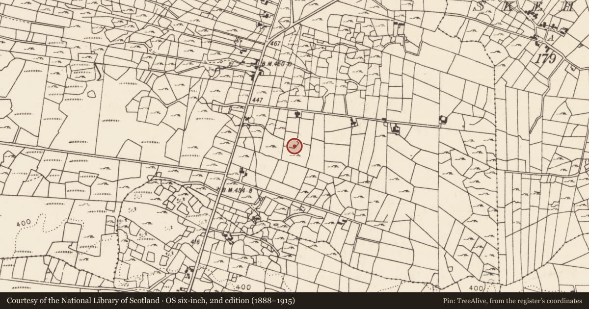 Ordnance Survey six-inch map, 2nd edition (1888–1915) covering the location of Megalithic tomb - court tomb, Carrownlacka, County Mayo, with a pin at the register's coordinates