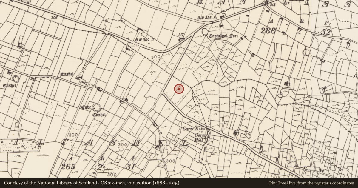 Ordnance Survey six-inch map, 2nd edition (1888–1915) covering the location of Fulacht fia, Kilcashel, County Mayo, with a pin at the register's coordinates