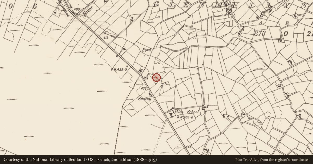 Ordnance Survey six-inch map, 2nd edition (1888–1915) covering the location of Ringfort - rath, Glenmullynaha East, County Mayo, with a pin at the register's coordinates