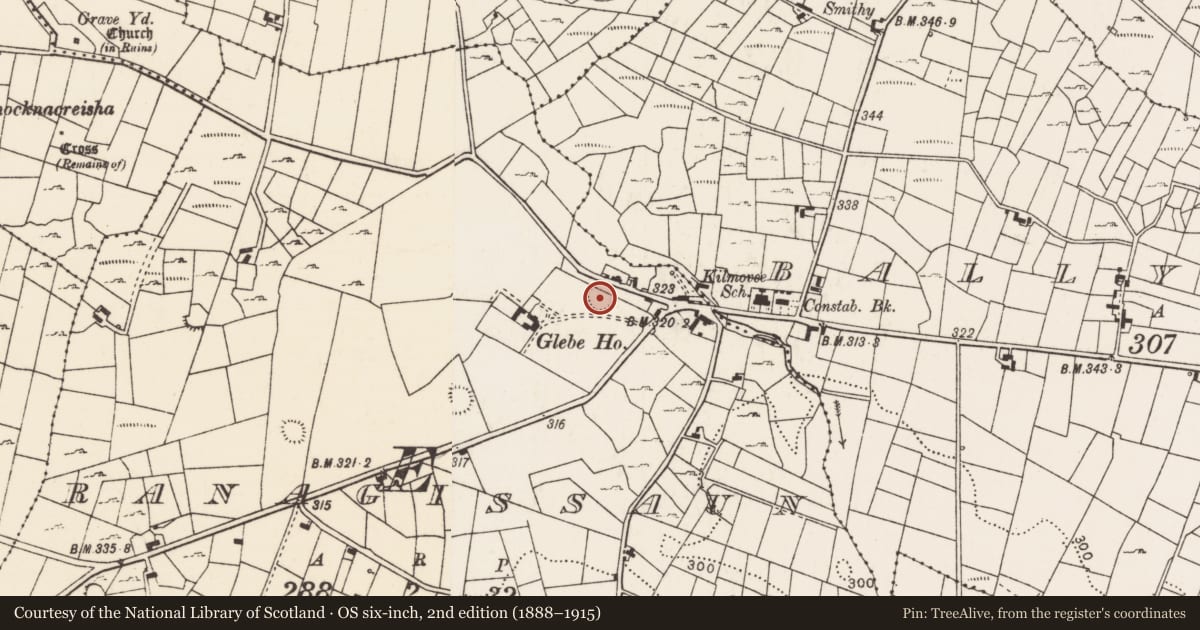 Ordnance Survey six-inch map, 2nd edition (1888–1915) covering the location of Ringfort - rath, Ranagissaun, County Mayo, with a pin at the register's coordinates