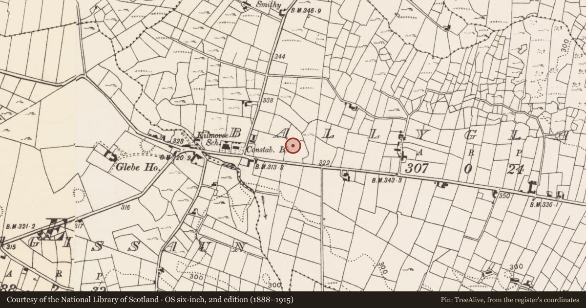 Ordnance Survey six-inch map, 2nd edition (1888–1915) covering the location of Ringfort - rath, Ballyglass (Costello By., Kilmovee Par.), County Mayo, with a pin at the register's coordinates