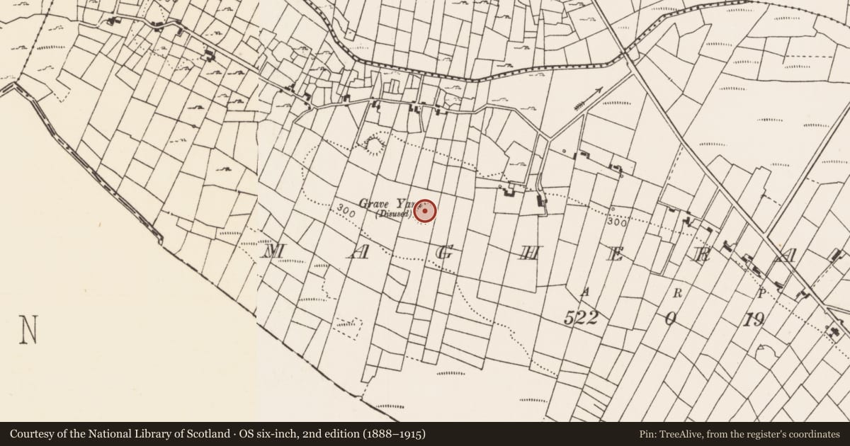 Ordnance Survey six-inch map, 2nd edition (1888–1915) covering the location of Children's burial ground, Magheraboy, County Mayo, with a pin at the register's coordinates