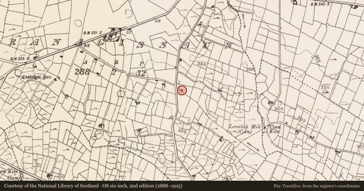 Ordnance Survey six-inch map, 2nd edition (1888–1915) covering the location of Burnt mound, Ranagissaun, County Mayo, with a pin at the register's coordinates