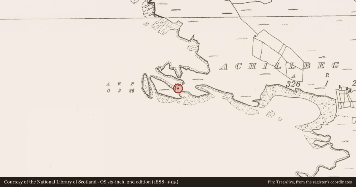 Ordnance Survey six-inch map, 2nd edition (1888–1915) covering the location of Hut site, Acaill Bheag, County Mayo, with a pin at the register's coordinates