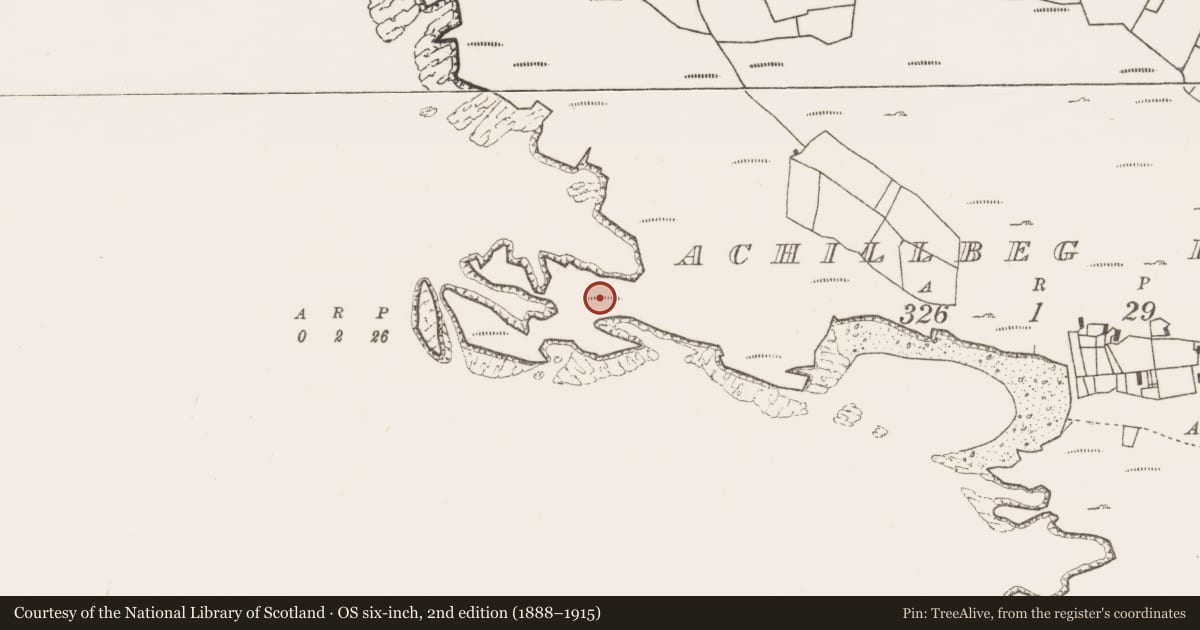 Ordnance Survey six-inch map, 2nd edition (1888–1915) covering the location of Church, Acaill Bheag, County Mayo, with a pin at the register's coordinates