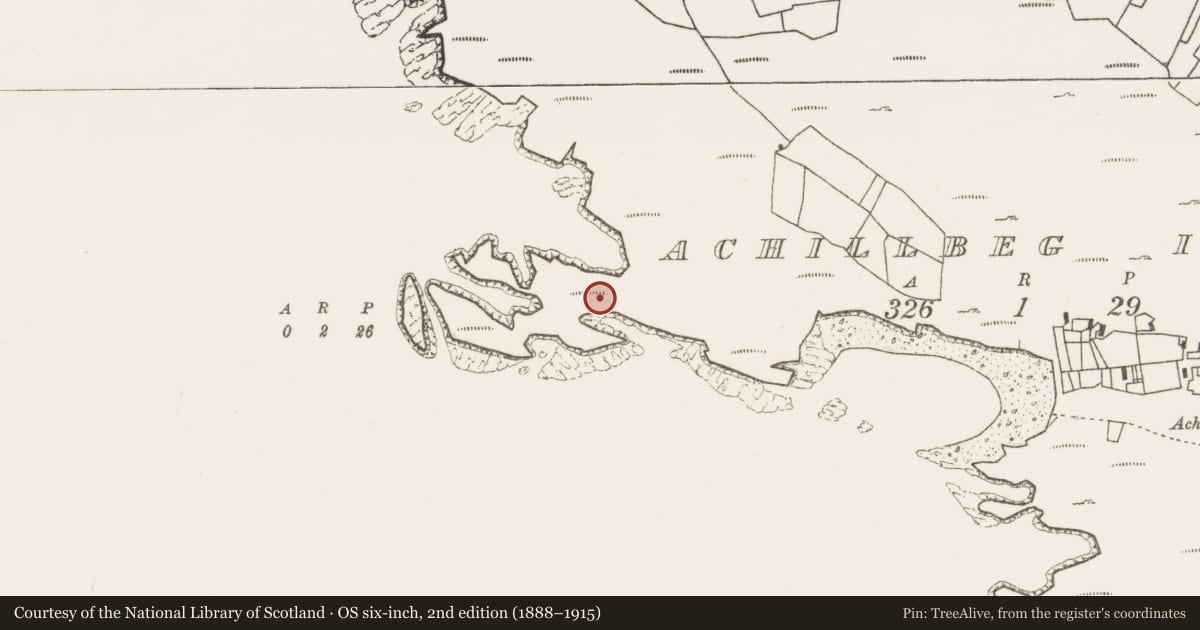 Ordnance Survey six-inch map, 2nd edition (1888–1915) covering the location of Leacht, Acaill Bheag, County Mayo, with a pin at the register's coordinates