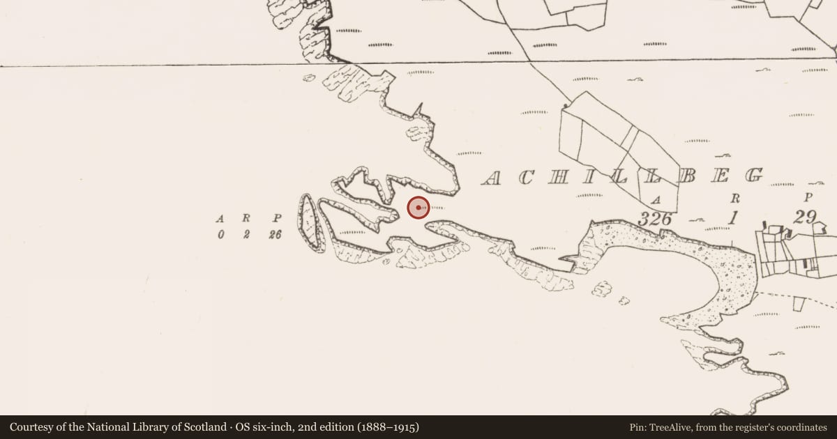 Ordnance Survey six-inch map, 2nd edition (1888–1915) covering the location of Hut site, Acaill Bheag, County Mayo, with a pin at the register's coordinates