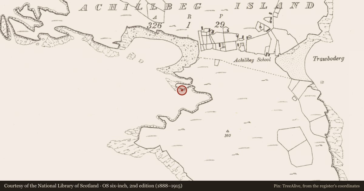 Ordnance Survey six-inch map, 2nd edition (1888–1915) covering the location of Promontory fort - coastal, Acaill Bheag, County Mayo, with a pin at the register's coordinates