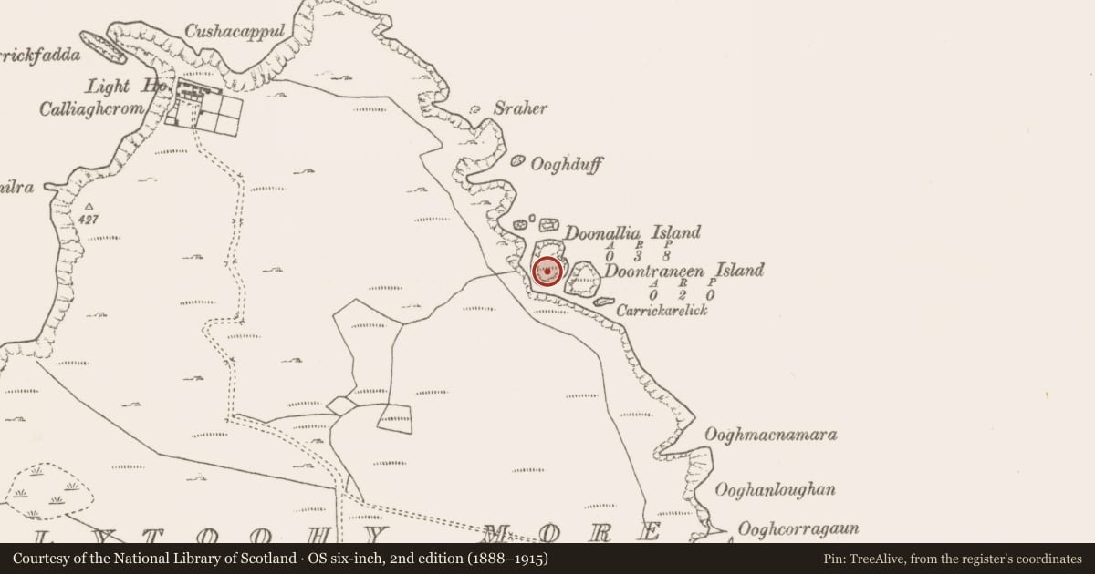 Ordnance Survey six-inch map, 2nd edition (1888–1915) covering the location of Promontory fort - coastal, Ballytoohy More, County Mayo, with a pin at the register's coordinates