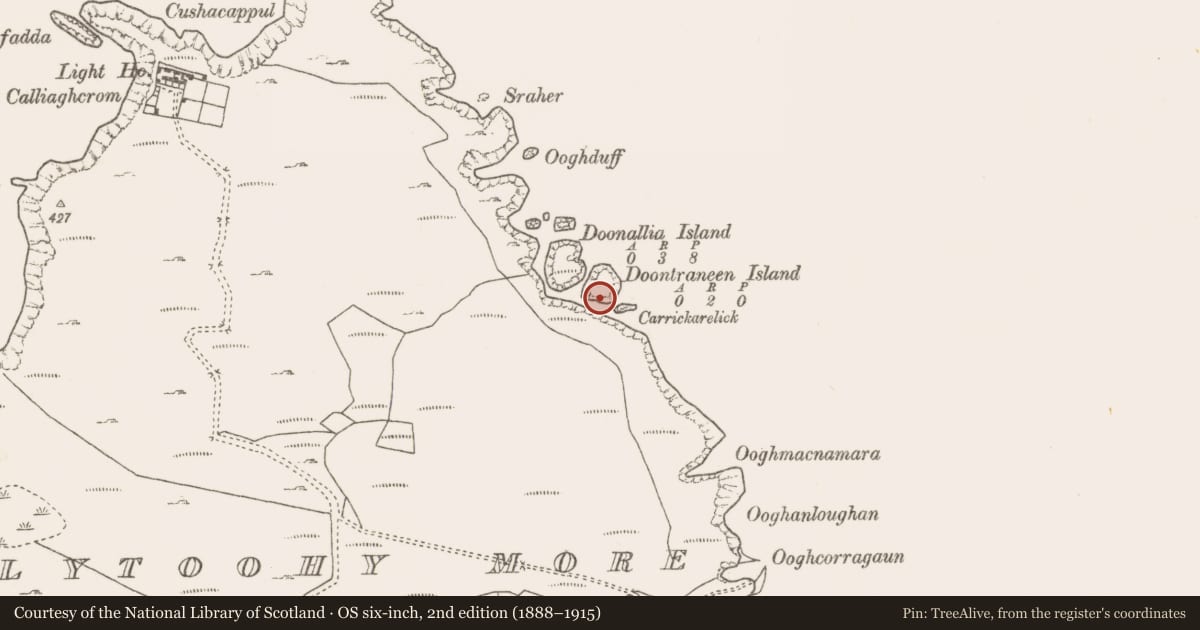 Ordnance Survey six-inch map, 2nd edition (1888–1915) covering the location of Promontory fort - coastal, Doontraneen Island, County Mayo, with a pin at the register's coordinates