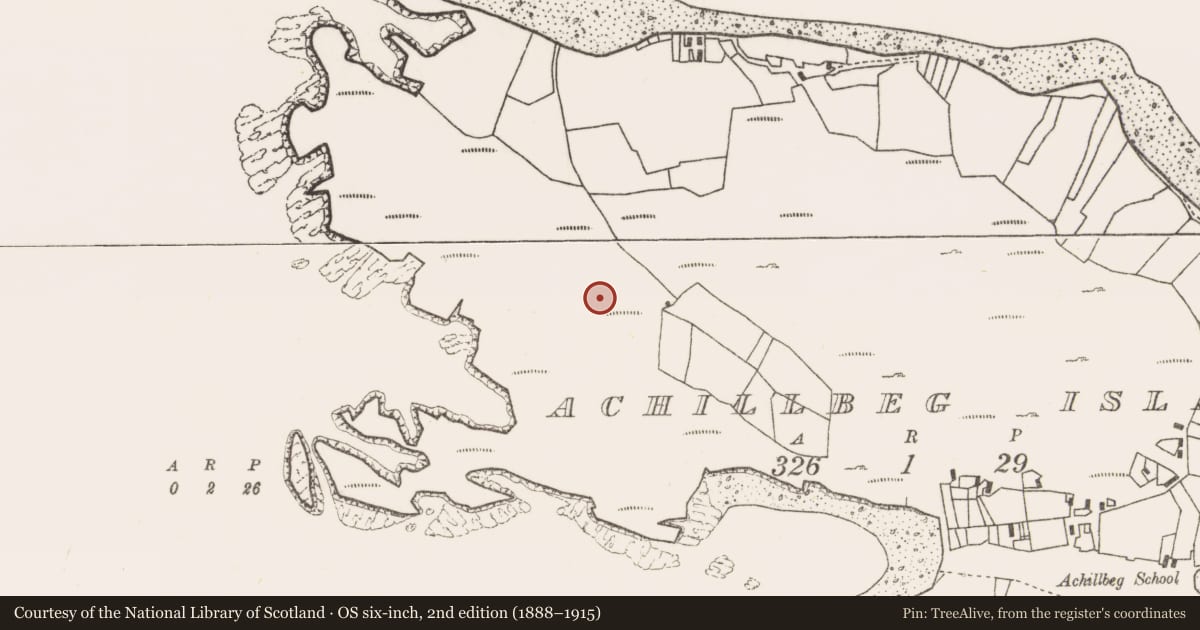 Ordnance Survey six-inch map, 2nd edition (1888–1915) covering the location of Cross, Acaill Bheag, County Mayo, with a pin at the register's coordinates