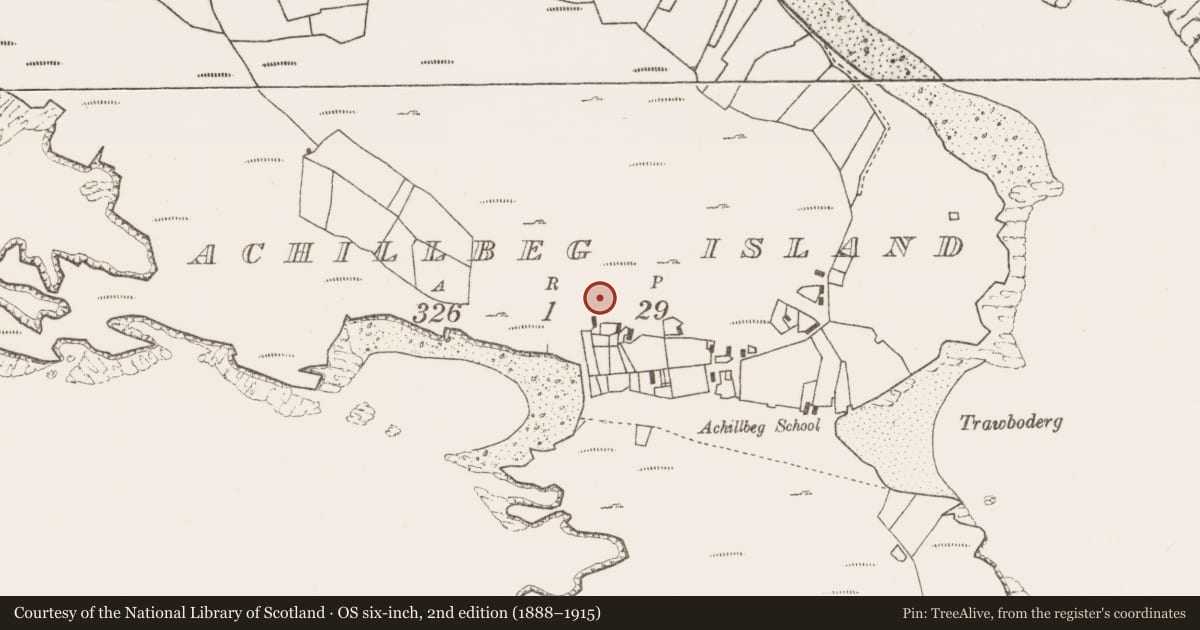 Ordnance Survey six-inch map, 2nd edition (1888–1915) covering the location of Field boundary, Acaill Bheag, County Mayo, with a pin at the register's coordinates