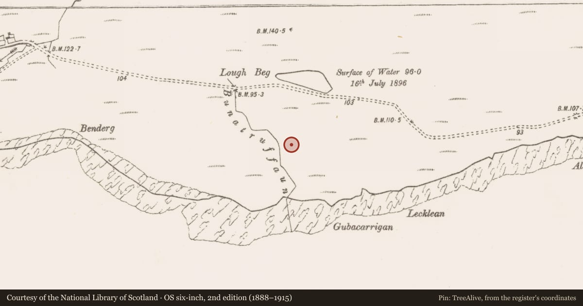Ordnance Survey six-inch map, 2nd edition (1888–1915) covering the location of Icehouse, Buaile An Ghleanna, County Mayo, with a pin at the register's coordinates